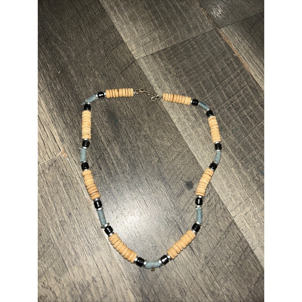 Vintage Chunky Hippie Boho Tribal Cream Wooden Bead Necklace Stretch Unique Gift